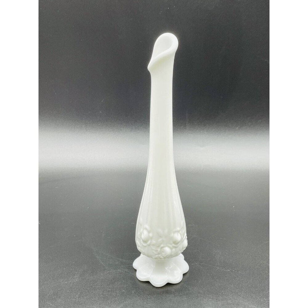 Fenton #9256 Cabbage Rose Swung White Milk Glass Bud Vase Footed Ribbed Vintage